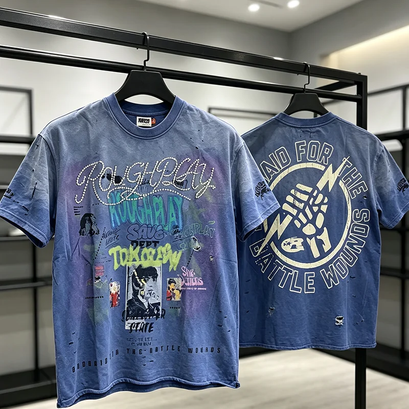 Rough Play Unisex Short Sleeve T‑Shirt Gradient Washed Distressed Rhinestone Graffiti Loose Street Top