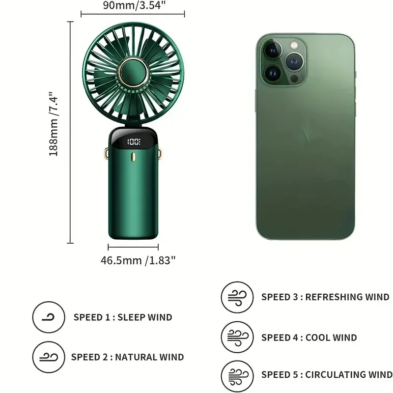 Portable Handheld Personal Rechargeable Fan LED Digital Display 90°Adjustable Rechargeable Fan , 5 Speed Wind Mini Aromatherapy