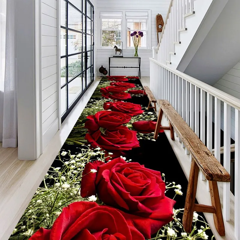 

Reese Gorgeous Red Roses Lobby Carpet Living Room Bedroom Porch Anti Slip Floral Rug Hallway Corridor Aisle Restaurant Decor Mat