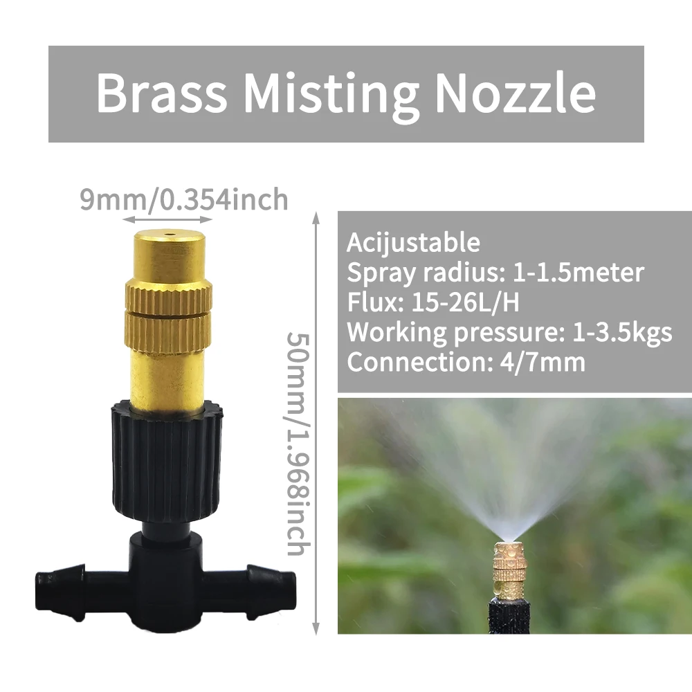 Garden Brass Misting Nozzle Kit 5M 10M 20M 30M with 4/7mm Hose for Outdoor Cooling Irrigation System Perfect for Greenhouse