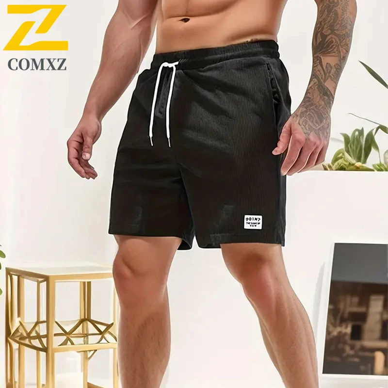 

Joggers Sport Shorts Men Corduroy Drawstring Athletic Gym Fitness Sweatpants Bermuda With Two Side Pockets Exercise Beach Shorts