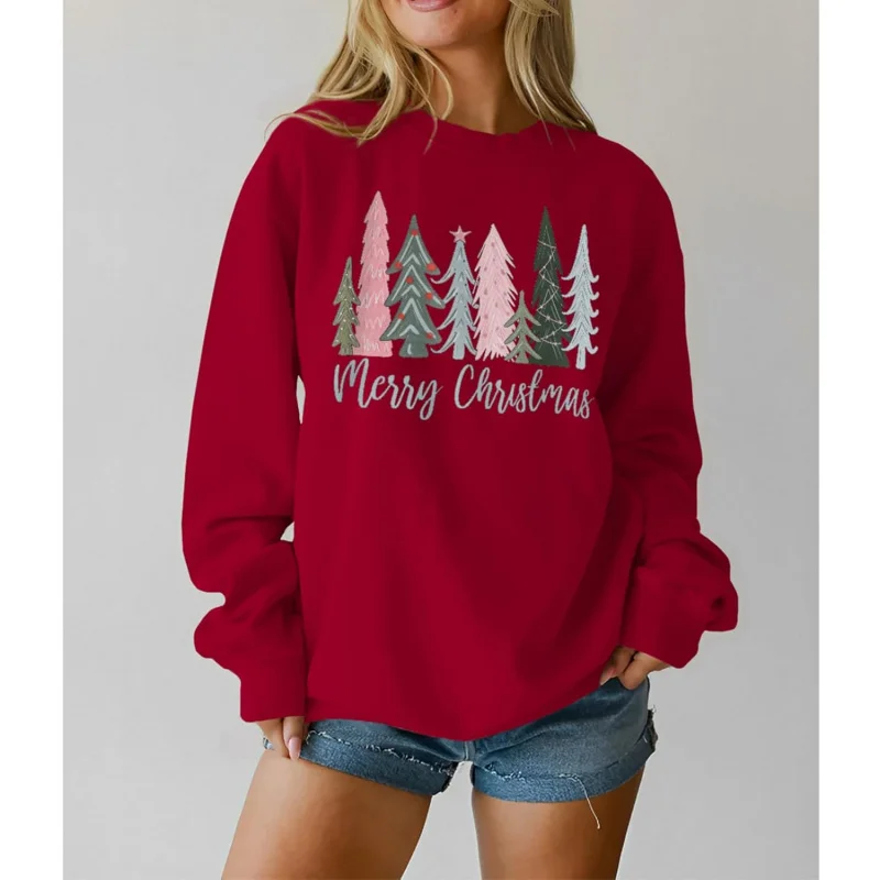 Women's red Merry Christmas sweatshirt with Christmas tree pattern long sleeved round neck pullover suitable for autumn and wint