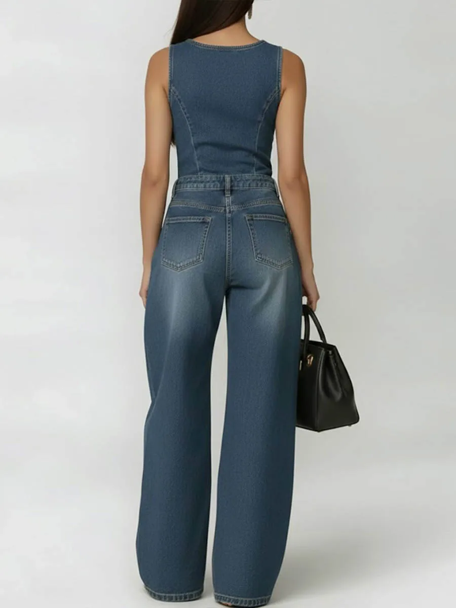 Bonboho Women's Sleeveless Round Neck Eyelet Wide Leg Denim Jumpsuit Casual Streetwear Jumpsuit for Festival & Party Outfits