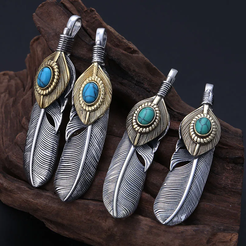 Manufacturer wholeSale S925 Sterling Silver claSSic retro thai Silver eagle feather inlaid turquoiSe pendant couple pendant