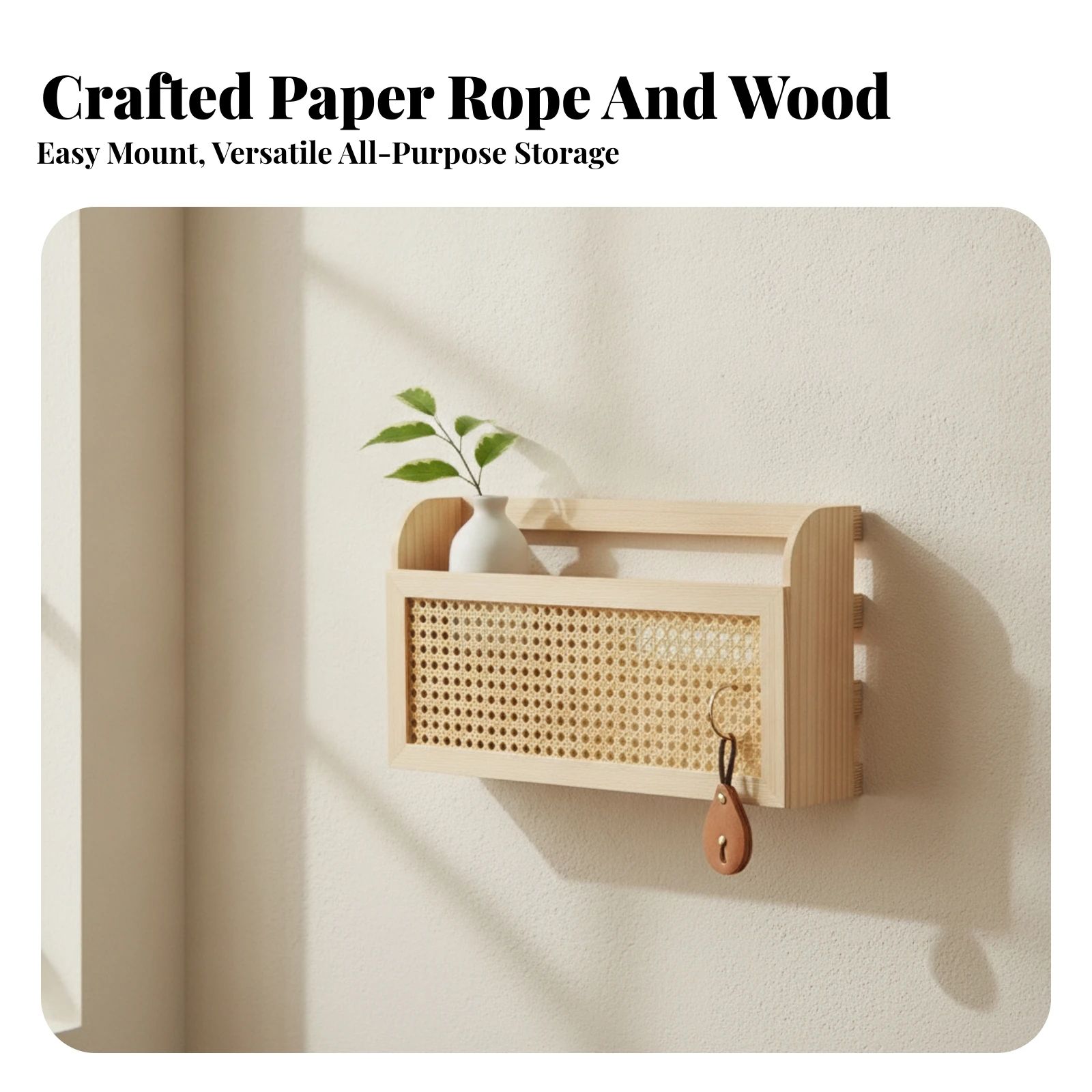 Wooden Wall Organizer Ventilated Wall-Mounted Storage Bin Wooden Storage Pocket Space-Saving Organizer with Hanging Rope
