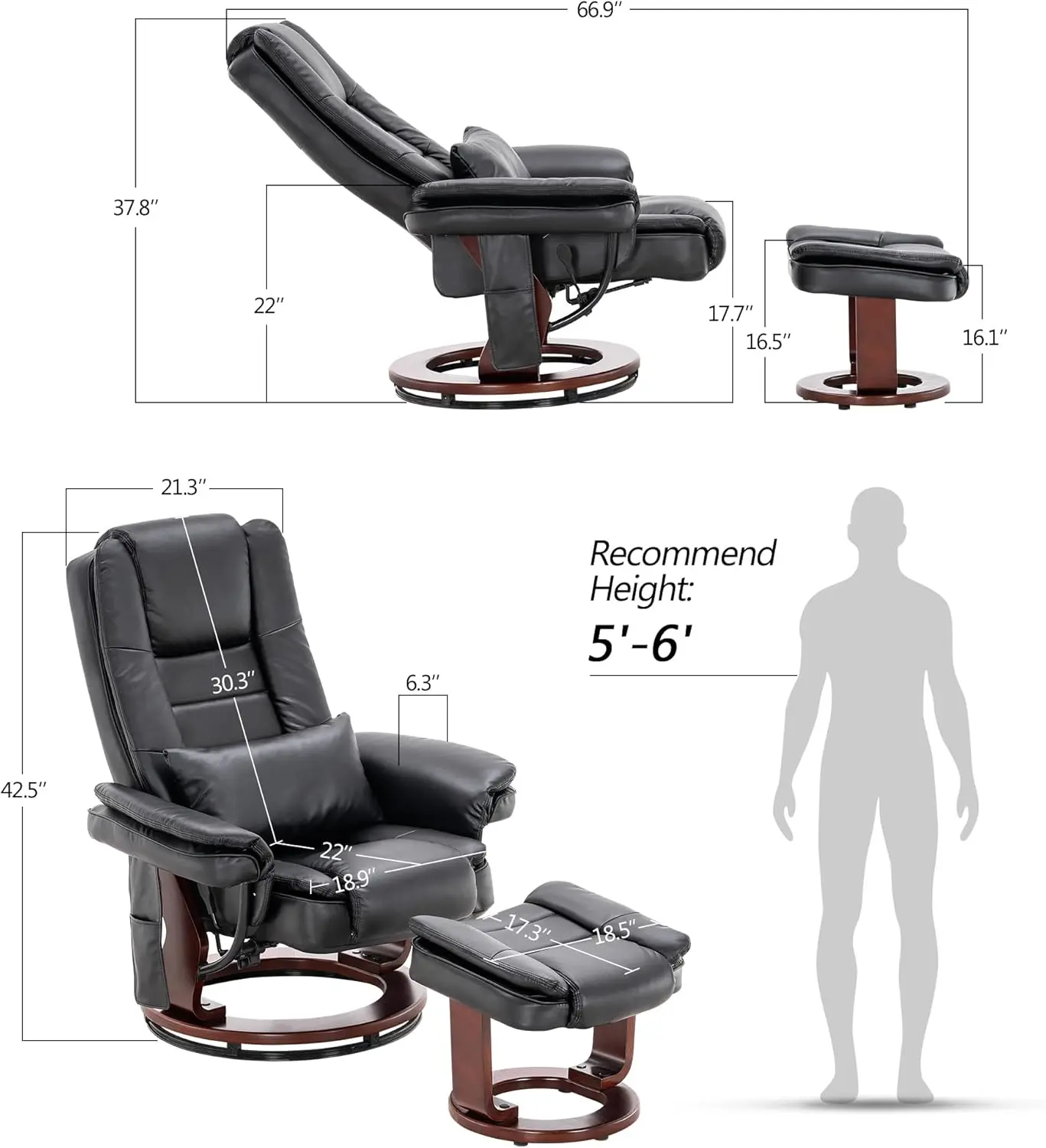 Recliner Chair with Ottoman, 360° Swivel Wooden Base, Vibration Massage Chair for Living Room, Faux Leather Accent Chair