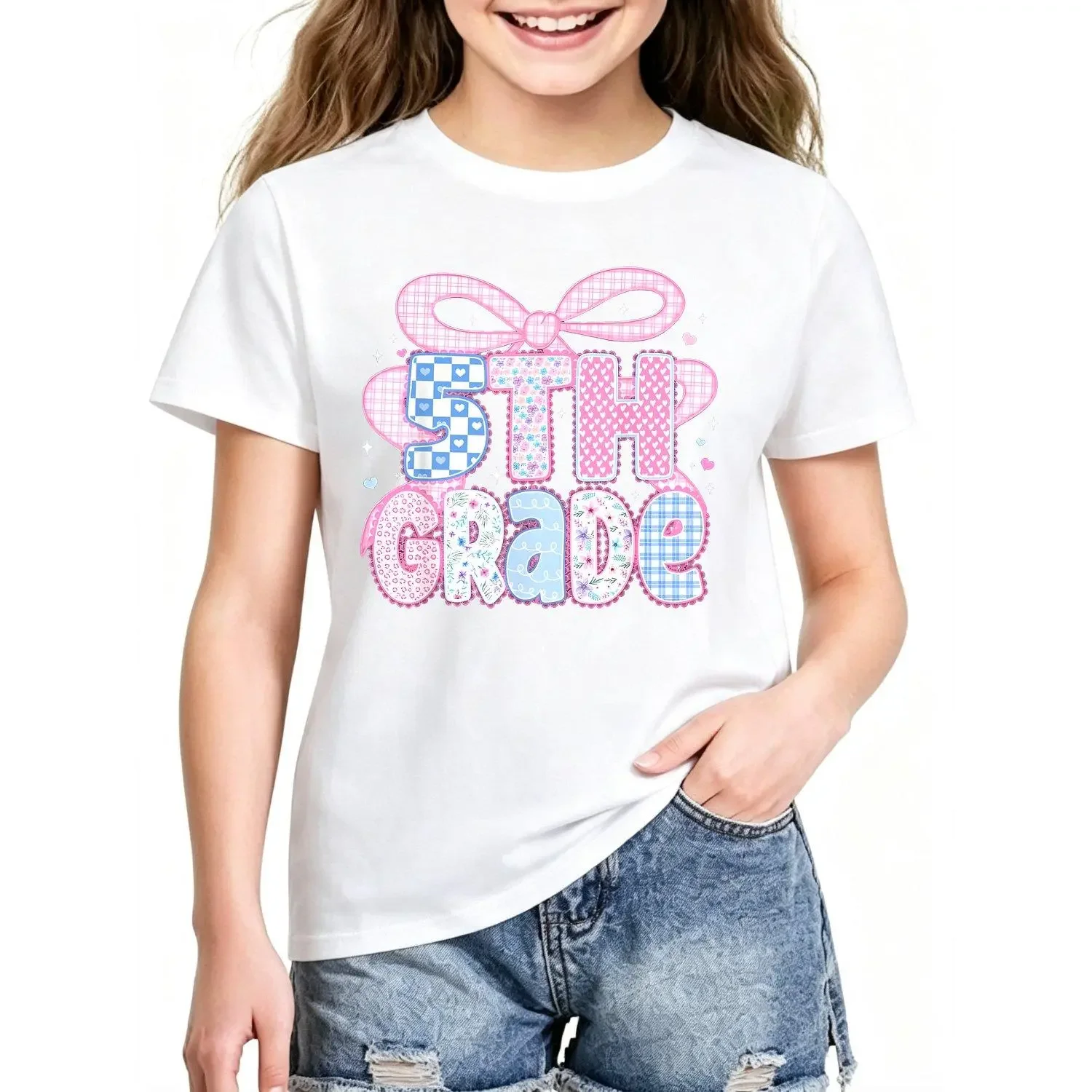 Girls T Shirts and Top Preppy Fifth Grade Teacher 5th Grade Floral Pattern Casual Stylish Youthful Girls Apparel