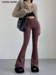 2023 amerykański Retro zwykły solidna spodnie Flare kobieta V talia rozciągliwe dopasowanie spodnie Skinny fit Legging joga dół szary czarny brązowy