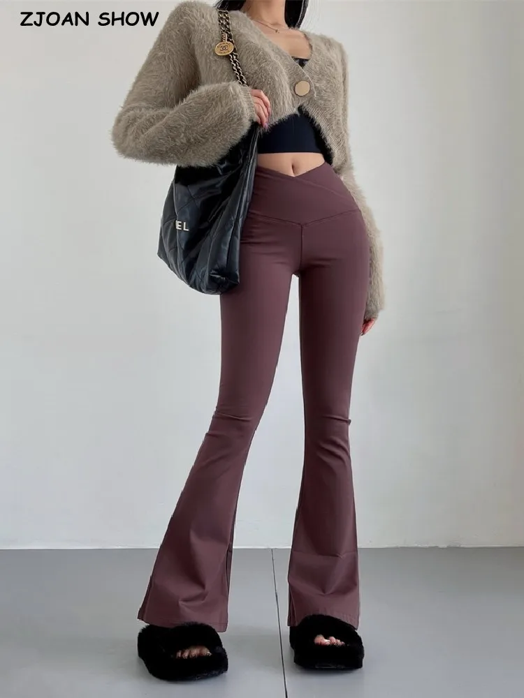 2023 American Retro Plain Solid Flare Pants Woman V Waist Stretch Slim Skinny Trousers Legging Yoga Bottom Gray Black Brown