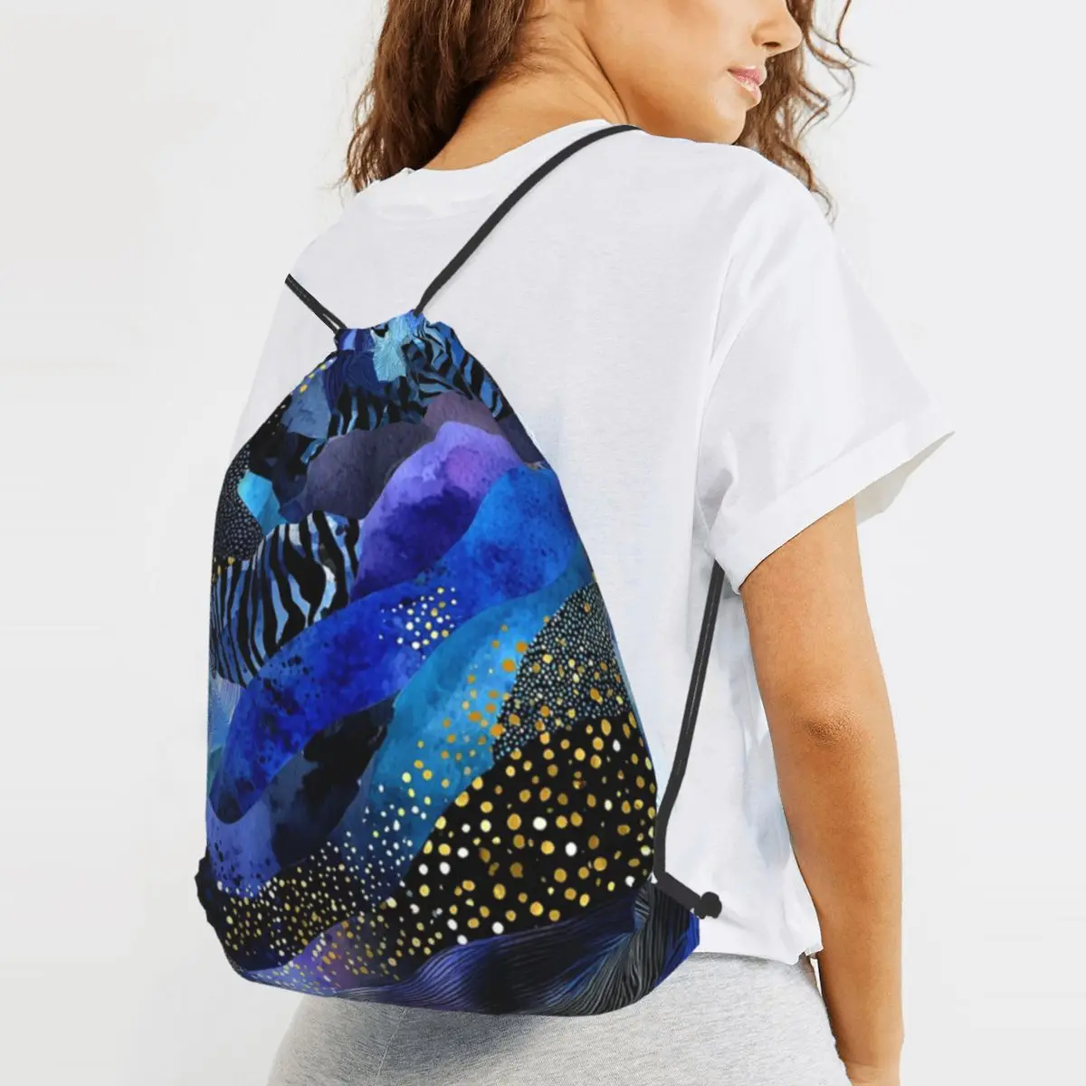Midnight Blue, Aqua, Golden Faux Animal Abstract Backpacks Fashion Drawstring Bags Sports Bag Book Bags for Travel School