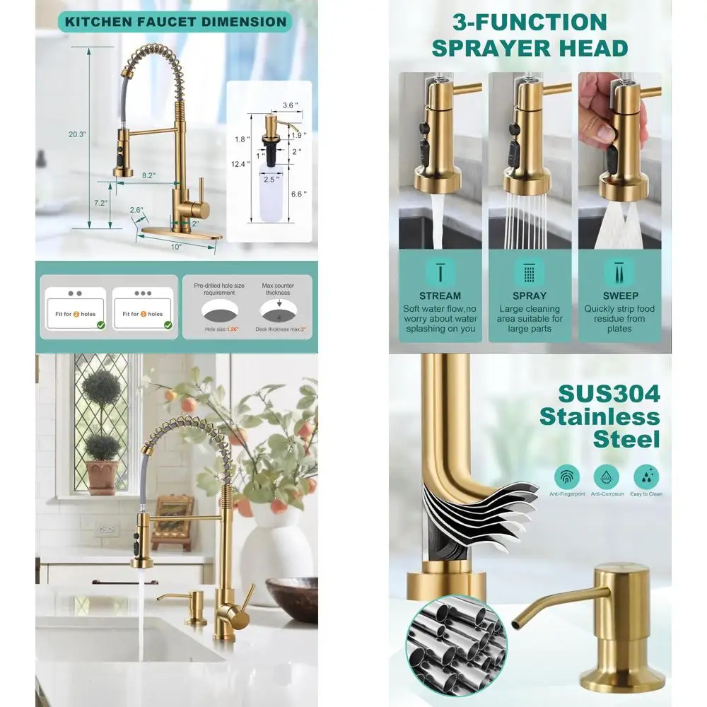 

Stainless Steel Single Handle Pull-Down Spray Faucet with Soap Dispenser for Farmhouse RV Laundry in Brushed Gold