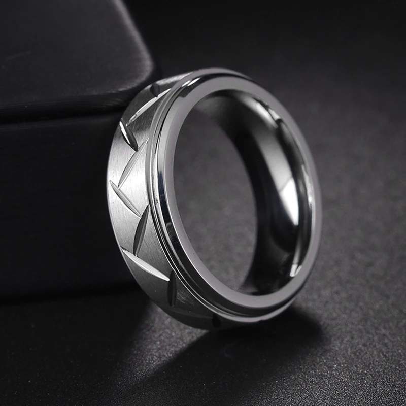 Fashion Men\'s Silver Color Black Stainless Steel Ring Groove Multi-Faceted Ring For Men Women Engagement Ring Anniversary Gifts