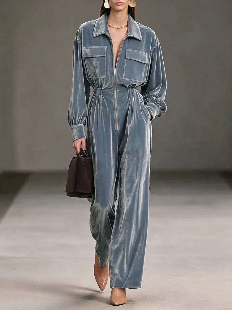Women Autumn Zipper Turn Down Collar Pocket Jumpsuit Holiday Casual Elegant Patchwork Playsuits Vintage Wide Leg Pants Bodysuits