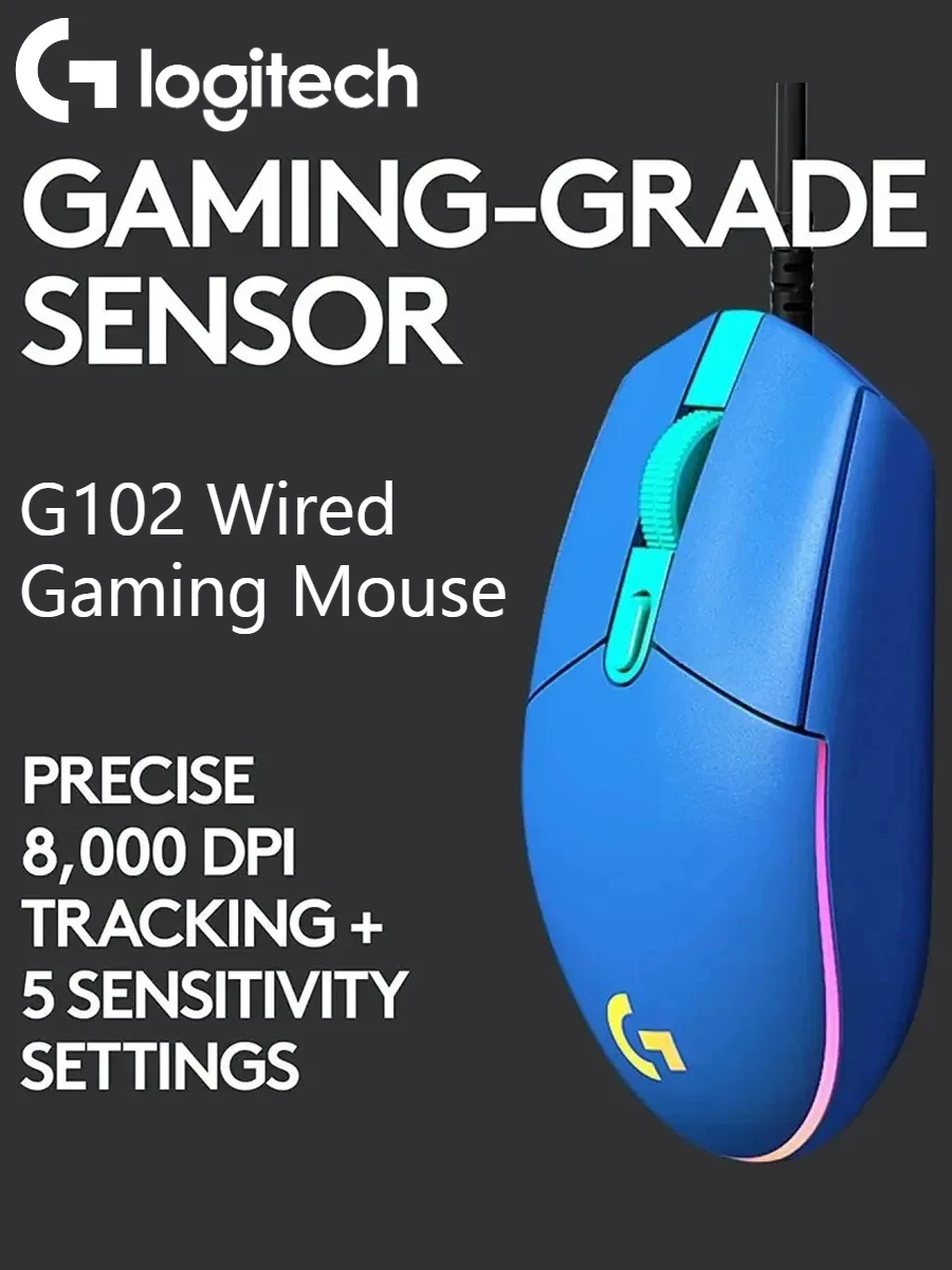 

Игровая мышь Logitech G102 LIGHTSYNC RGB, проводная, 8000 точек на дюйм, 6 программируемых кнопок для ПК, ноутбука