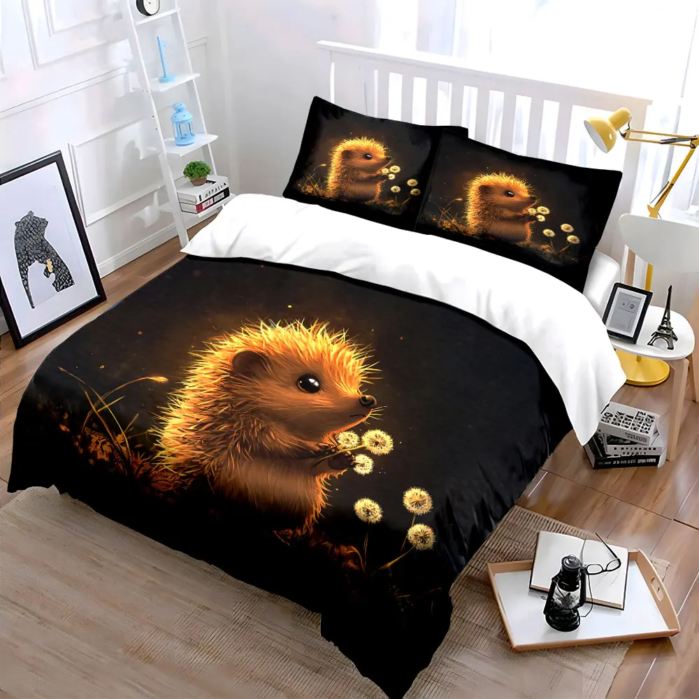 Cute Hedgehog Art Decor Three-Piece Set Bedding Set with 1 Duvet Cover 2 Pillowcases Single Double King Queen, Gift