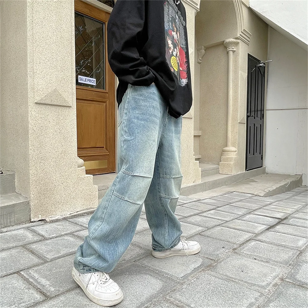 Loose Jeans Mens Floor Dragging Trousers Light Color Straight Tube Washed Retro Made Trendy Brand Youth PANTS Wide Leg