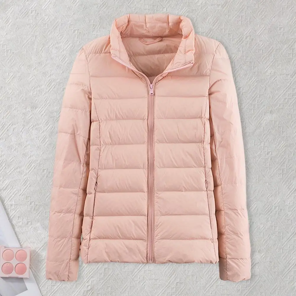 Warm Women Jacket Windproof Winter Down Coat with Stand Collar Pockets Zipper Closure Thickened Padded Long Sleeves for Weather