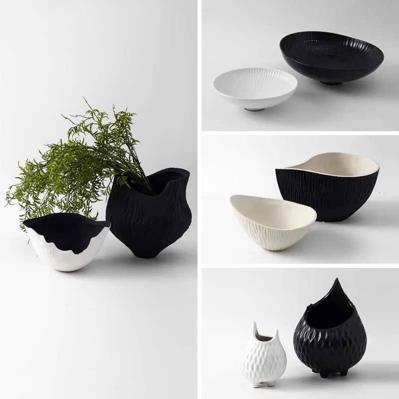 Modern light luxury combination flower ware, black and white fruit plate ceramic vase, dried flower insert, living room