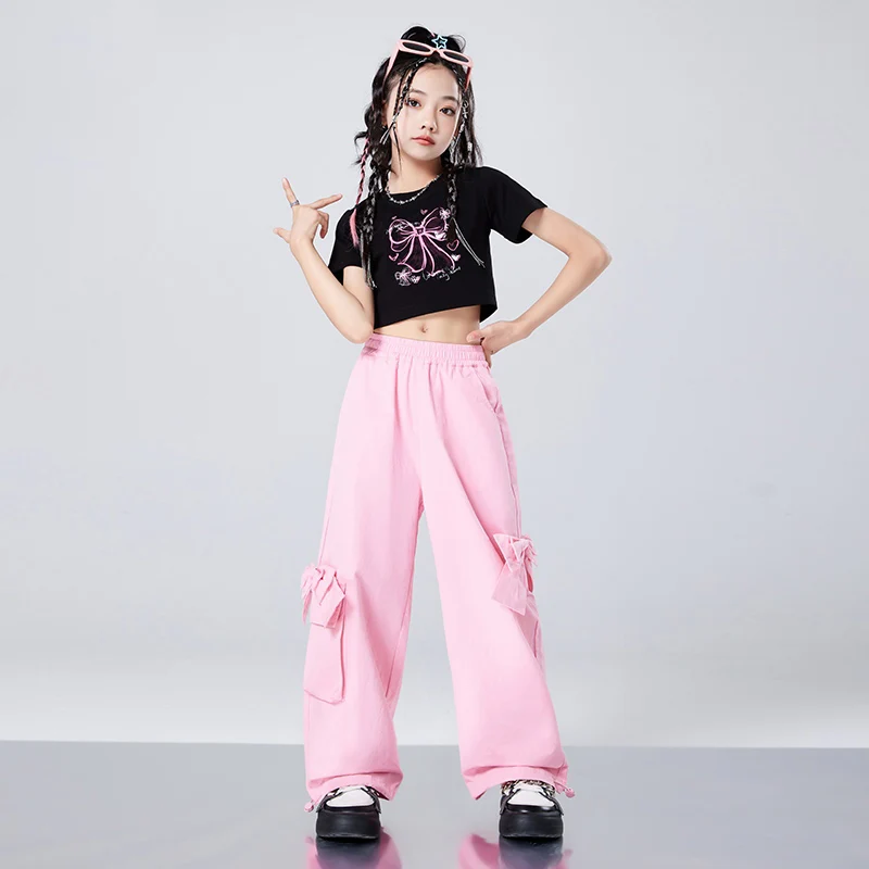 Kpop Jazz Dance Clothes Girls Kids Short Sleeves Hip Hop Clothing Crop Tops Bow Pink Pants Catwalk Concert Stage Outfit BL13187