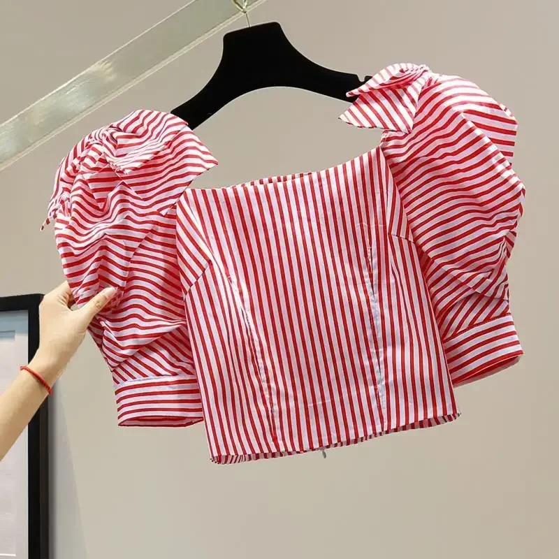 

2025 Summer Korean Slim Fit High Waist Short Shirt Vintage Stripe Puff Sleeve Blouses Femme Chic Sweet Bow Blusas