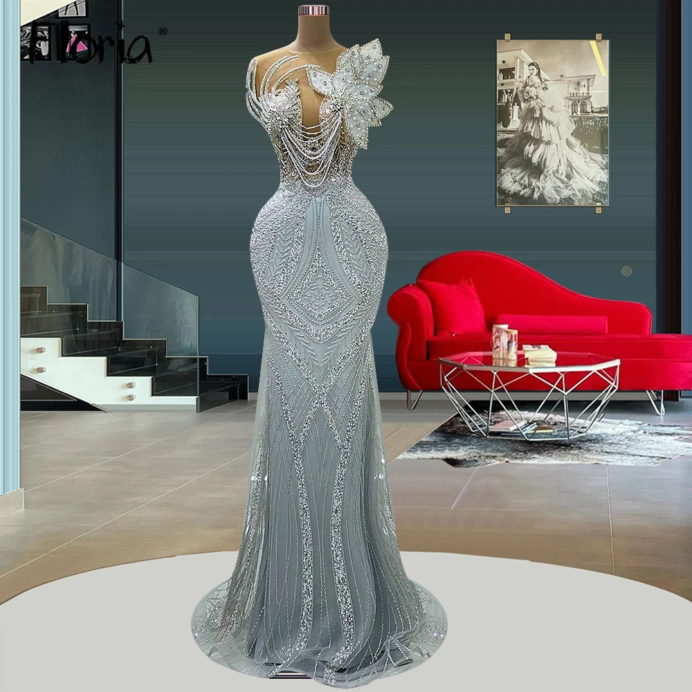 

Sparkly Silver Tassel Mermaid Evening Dress 5D Leaf Beading Party Night Gowns Custom Made Dubai Robe Soirée Female Pageant Robes