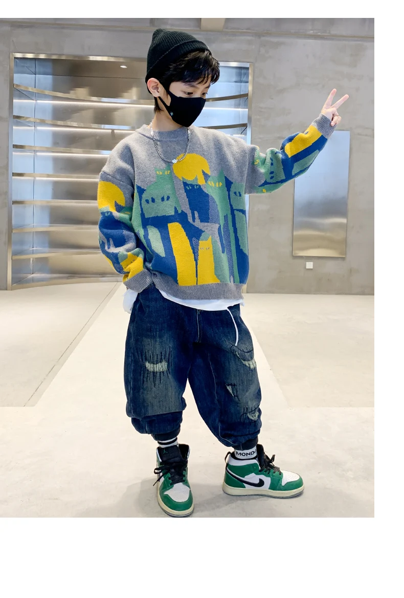 Herbst-Winter Jungen Pullover Sweater für Teenager 5-14 Jahre Cartoon-Katzenmuster Strickwaren Kleidung Kinder Schule Langarm Weicher Pullover – Detail 9