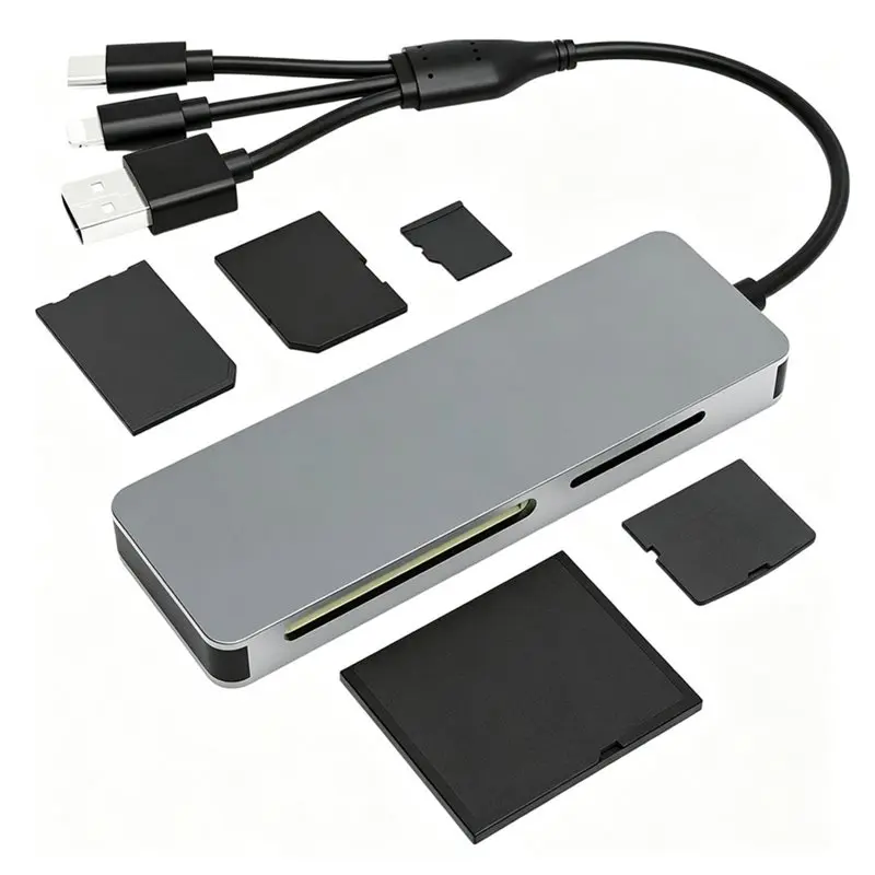 ULBS Multifunction 5 In 1 Aluminum Card Reader For SD/TF/CF/MS/XD With USB-C/Lightning/USB-A For Smartphones Laptops