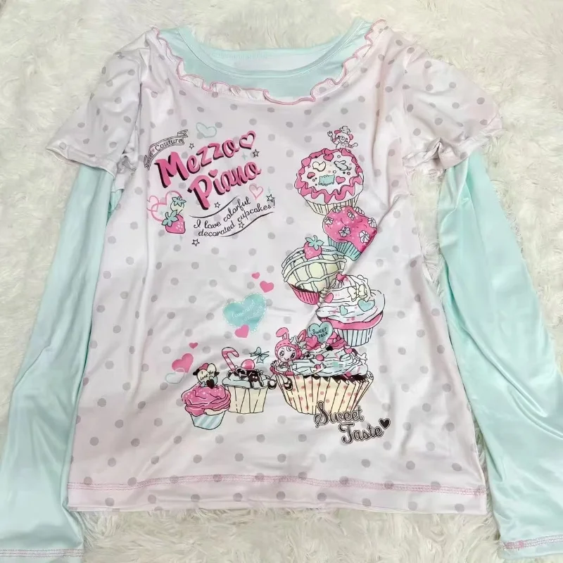 Summer Japanese Kawaii Crop Top Cartoon Print Patchwork Lolita T-shirts Women Y2k Aesthetic Harajuku Vintage Fairy Slim Tees New