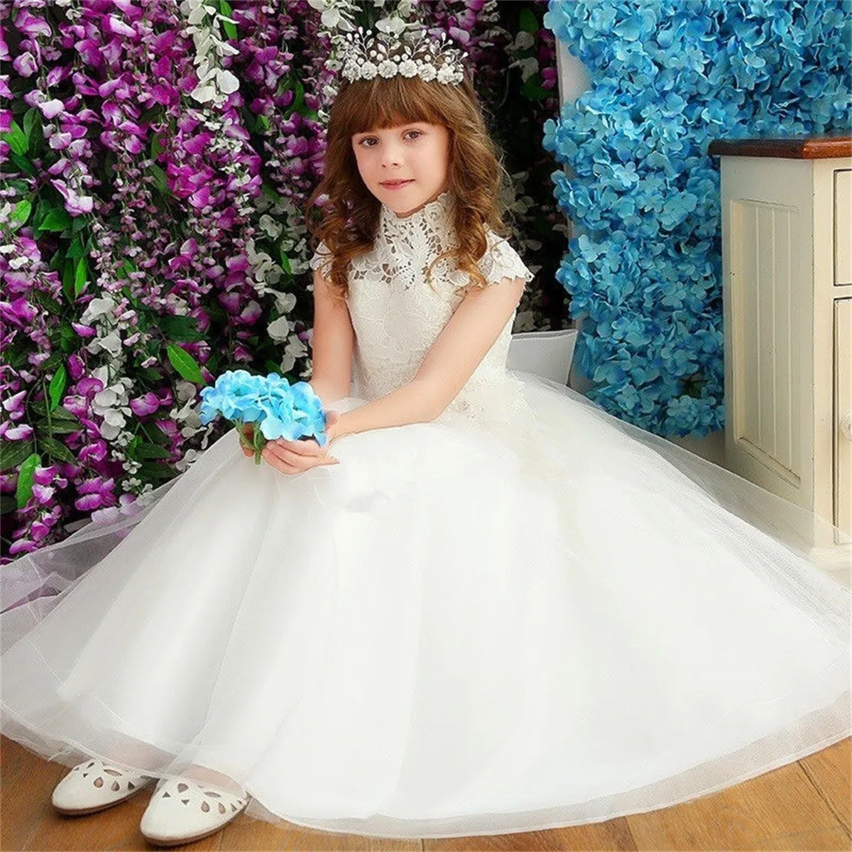 

High Neck Lace Fluffy Tulle Flower Girl Dress Wedding Elegant Little Flower Child First Eucharistic Celebration Birthday Dress