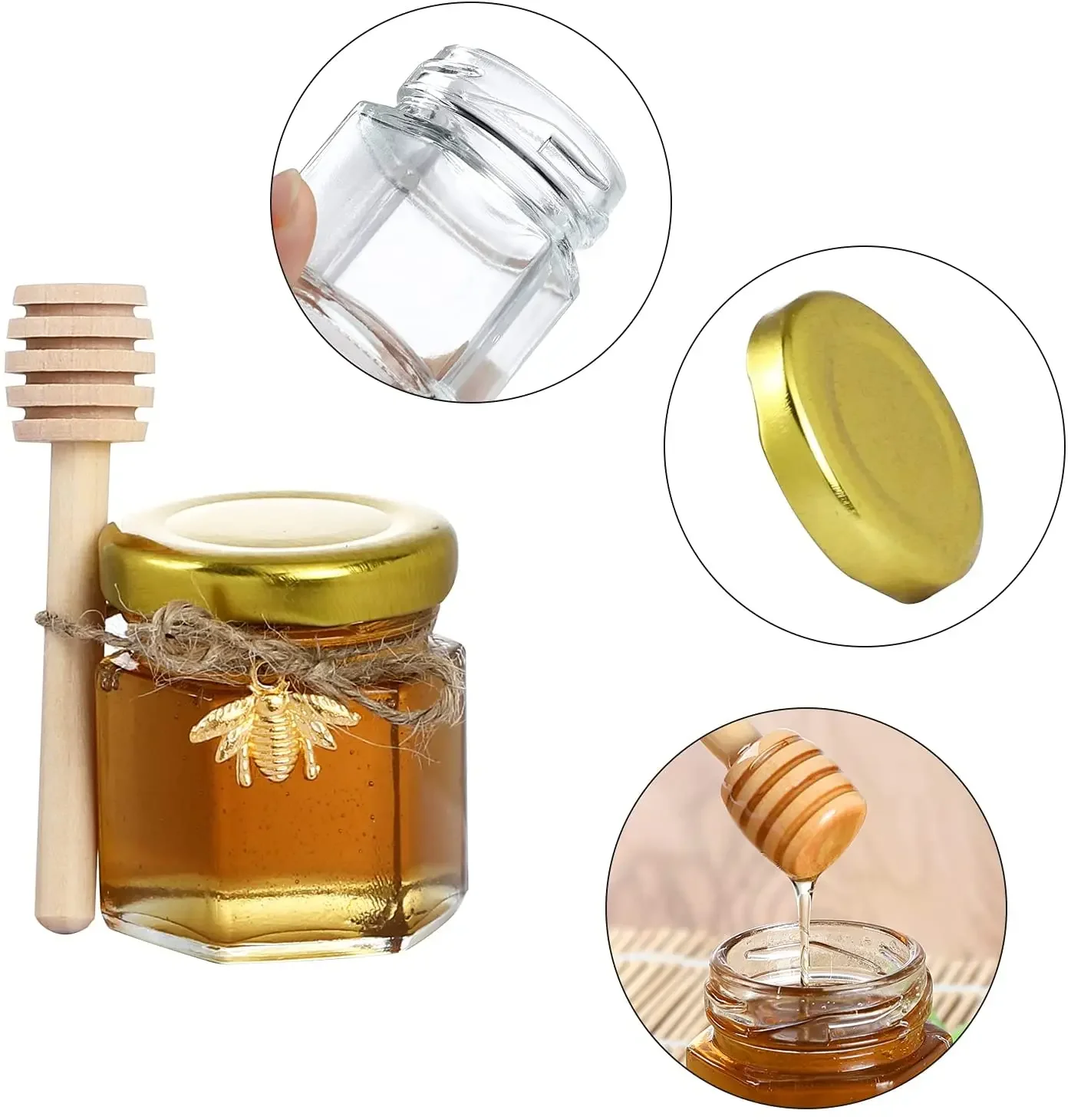 30PCS 1.5/2OZ Honey Glass Hexagonal Party Favors Empty Bee Pendants Gold Lid Mini Hexagons Glass Honey Jar With Wooden Dipper