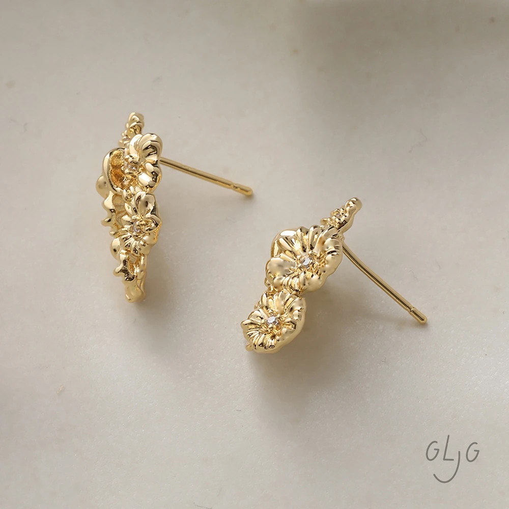 2Pair 14K Gold Plated Brass Thick Silver Flower Bouquet Stud Earrings Findings Jewelry DIY Making Supplies Handmade Accessories