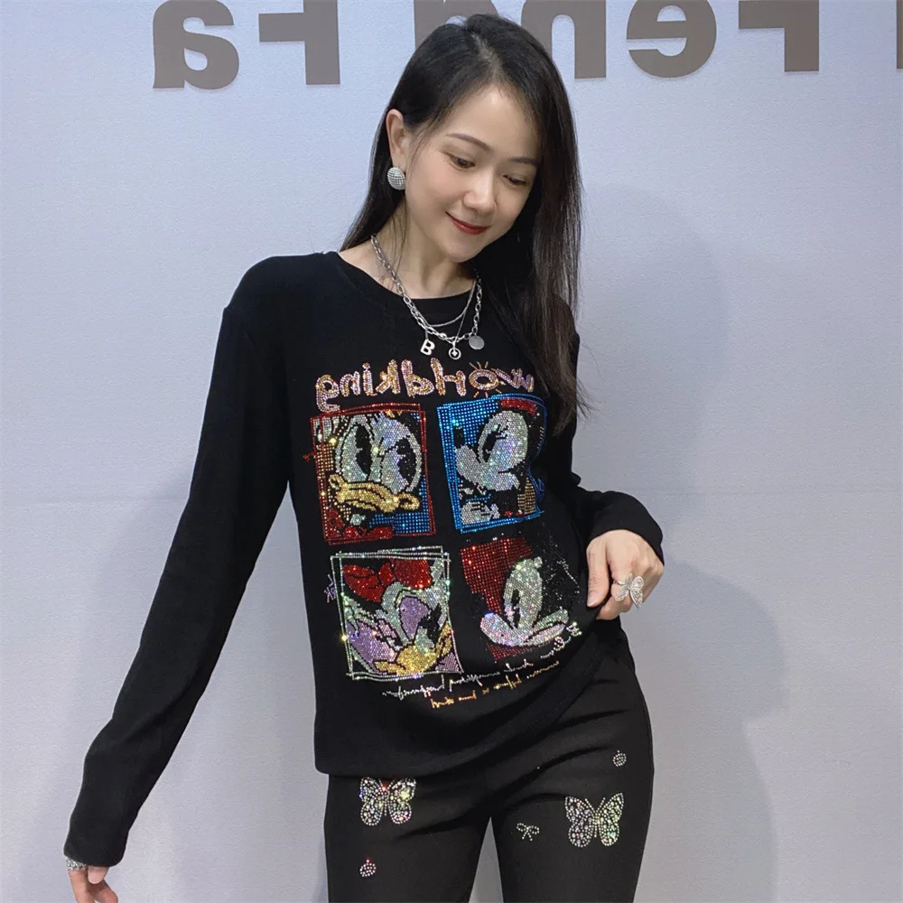 أسود اللون س الرقبة حجر الراين قاع قميص الخريف الشتاء يمكن ارتداؤها خارج طويلة الأكمام الطبقة الداخلية الراقية التخسيس الأعلى تيز