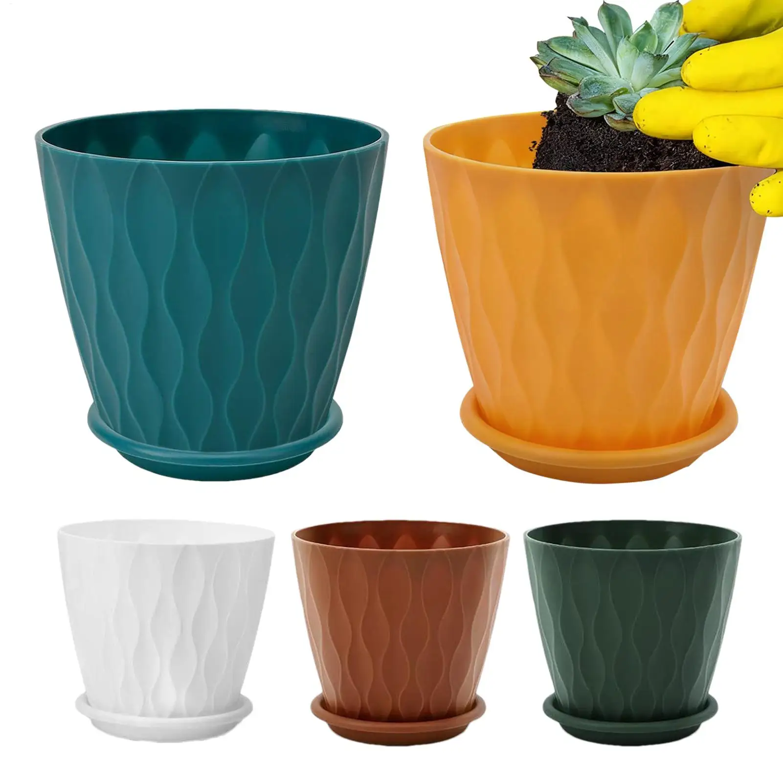 

5 шт. набор цветочных горшков из полипропилена с дренажными отверстиями и блюдцами, утолщенные многофункциональные горшки для суккулентов для дома и улицы