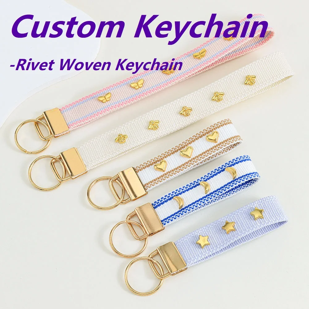 Custom Woven Rivet Keychain with Metal Star, Moon & Heart Studs, Personalized Key Ring, Bag Charm, Lanyard
