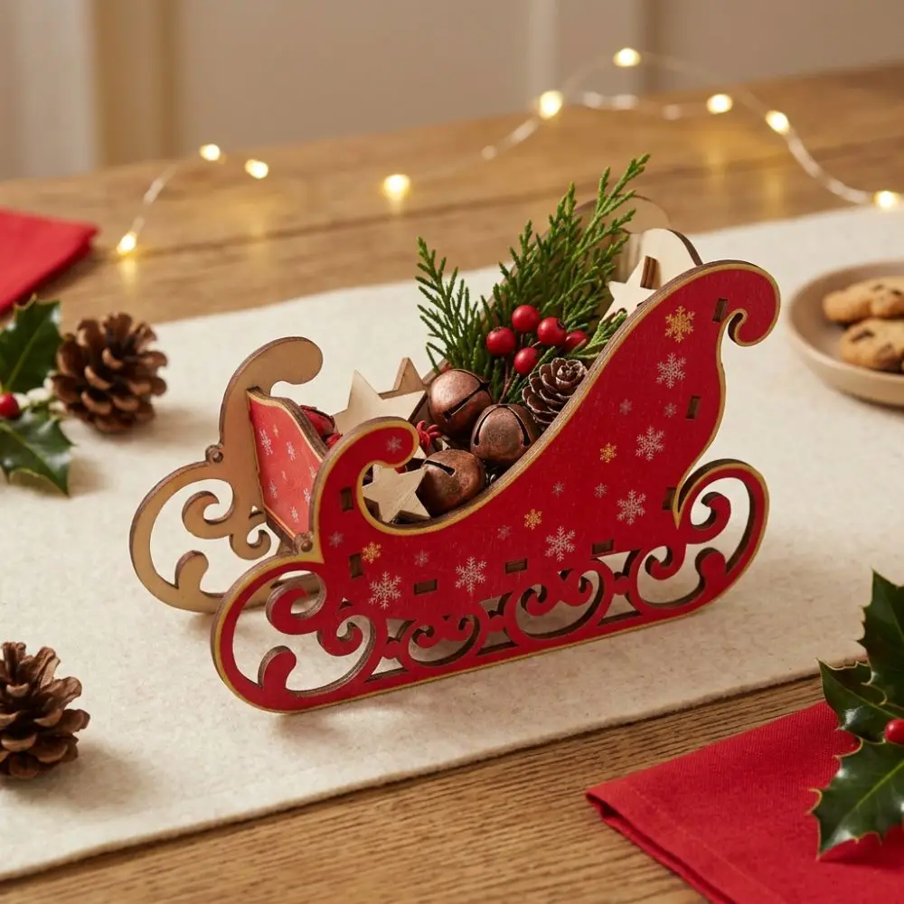 Snowflake Print Christmas Wooden Sleigh Ornament Stable Base Sleigh Model Santa Claus Sleigh Decor Smooth Edge Anti Deform