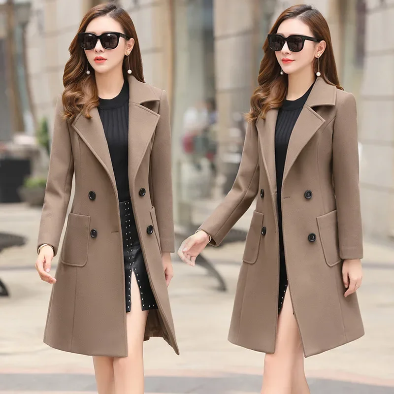Autumn Winter Elegant Woolen Long Sleeve Flap Pockets Female OuterwearSolid Color Fashion Loose Jacket Trench Coat For Women