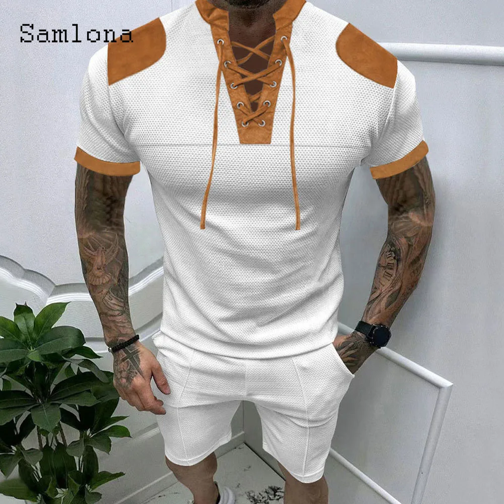 Plus Size Mens Casual Patchwork Two Piece Sets 2024 New Summer Lace-up Tops and Vintage Shorts Suit Male Beach Tracksuits Set