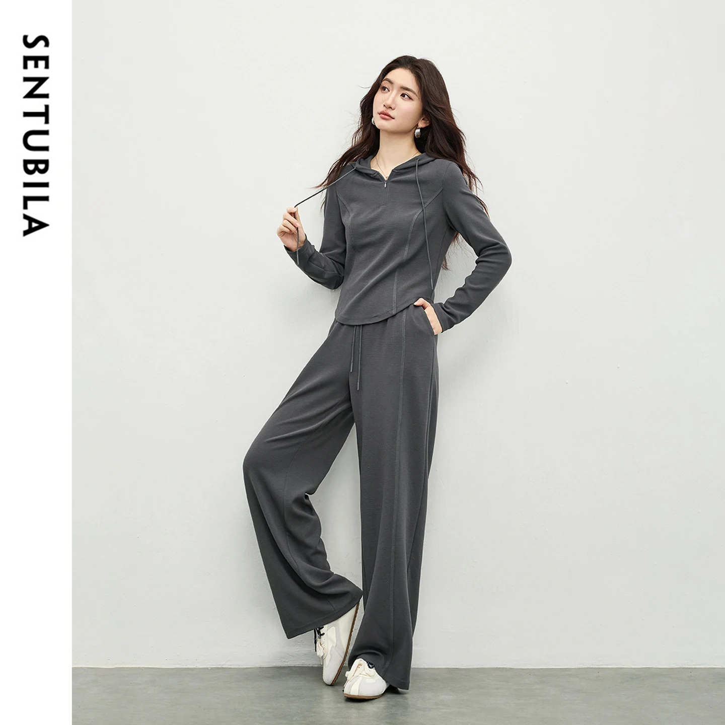 SENTUBILA Women's Pant Sets 2026 Spring Hooded Drawstring Tops High Waist Wide Leg Pants Knitted New in Matching Set 161ZF6099