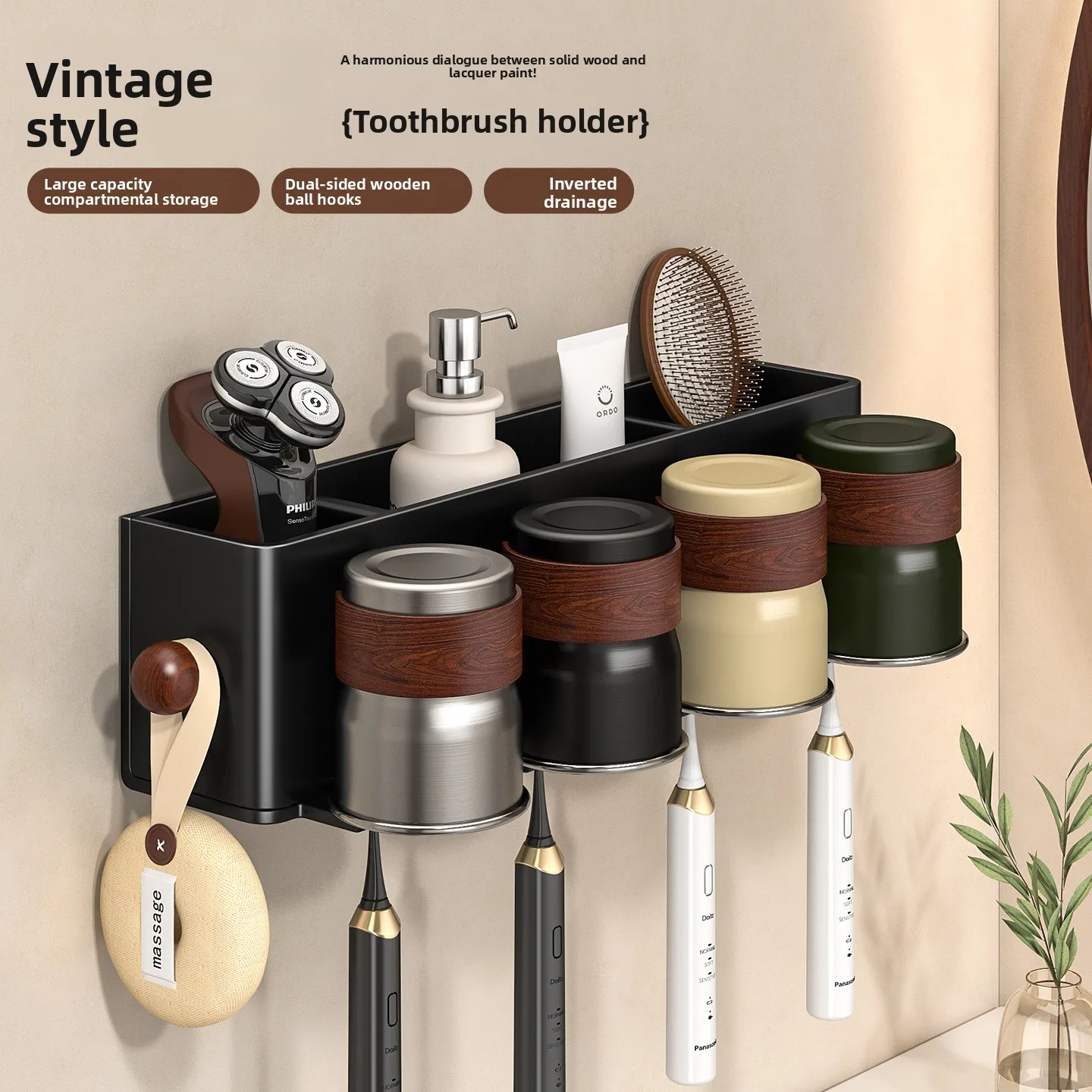 

Настенный деревянный держатель для зубных щеток в деревенском стиле, органайзер с несколькими отделениями, без сверления, для ванной комнаты, для хранения и сохранения зубной пасты