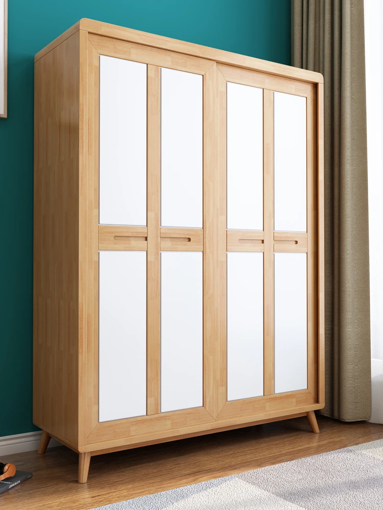 All solid wood sliding door simple modern wooden assembly bedroom small apartment wardrobe