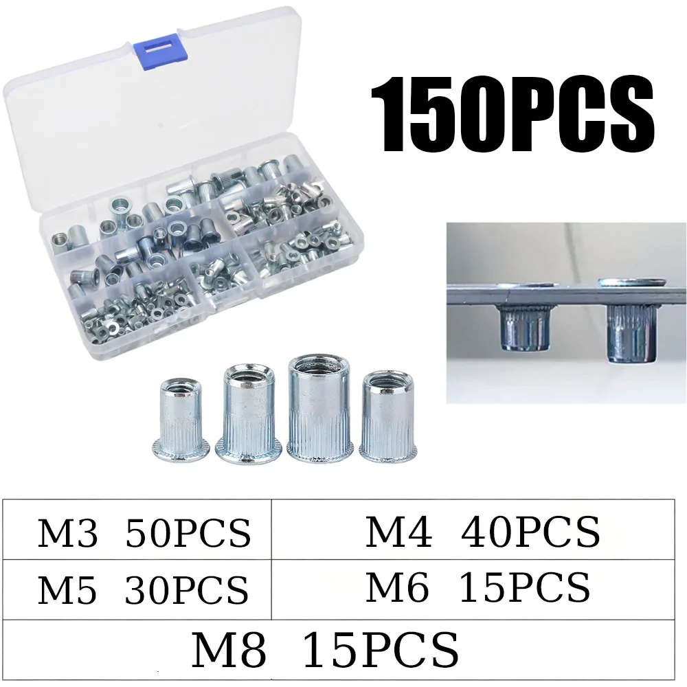 150-Piece Box of Blue-and-White Zinc-Plated Nuts Blue-and-White Zinc-Plated Knurled Through-Hole Nuts Deep-Countersunk Vertical-