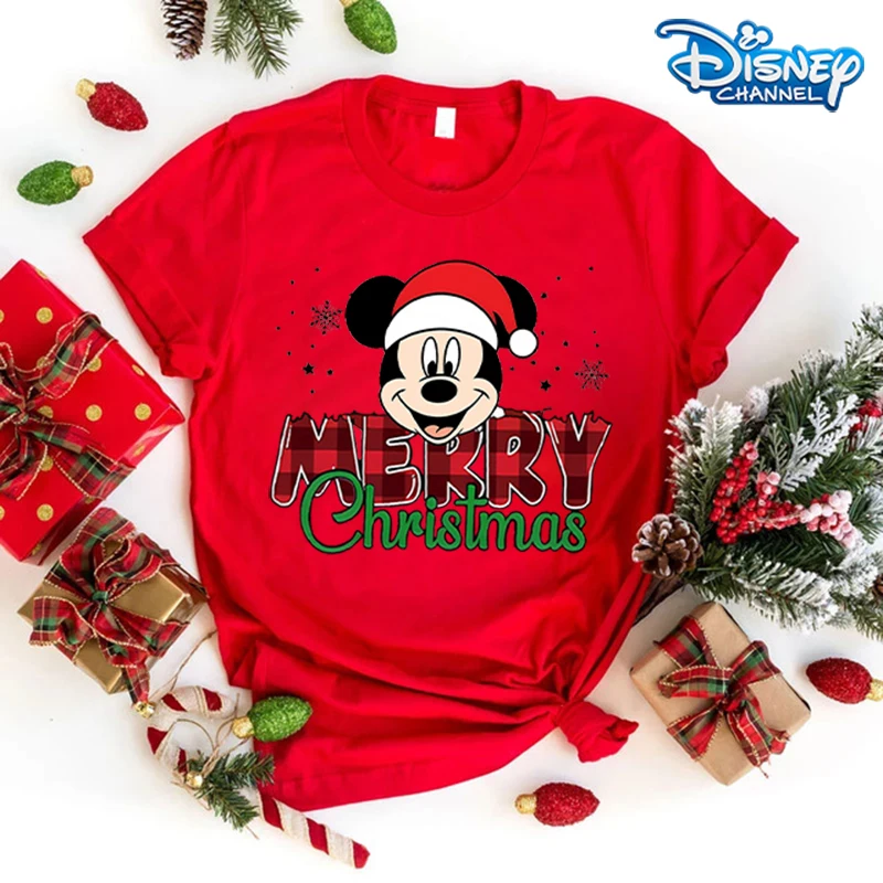 Disney Mickey Minnie Mouse Adult T-shirt Christmas Short Sleeve Shirts Fashion Cotton Xmas Round Neck Clothes Cute Shirts Gifts