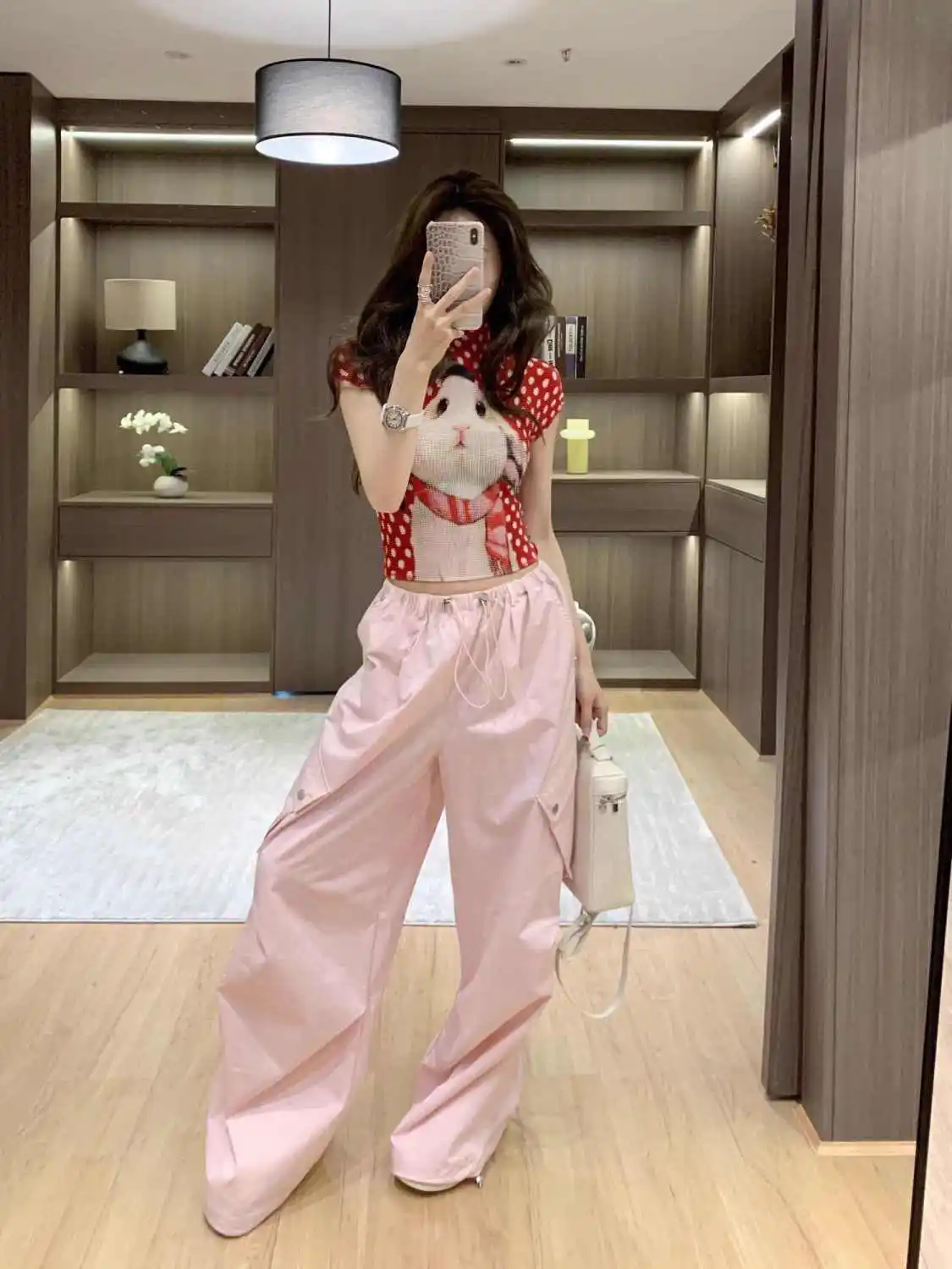 

Wedbleser 2025 New American Red Polka Dot Rabbit Pleated Short Sleeved T-shirt Women Slim Fit Slimming Spicy Girl Top