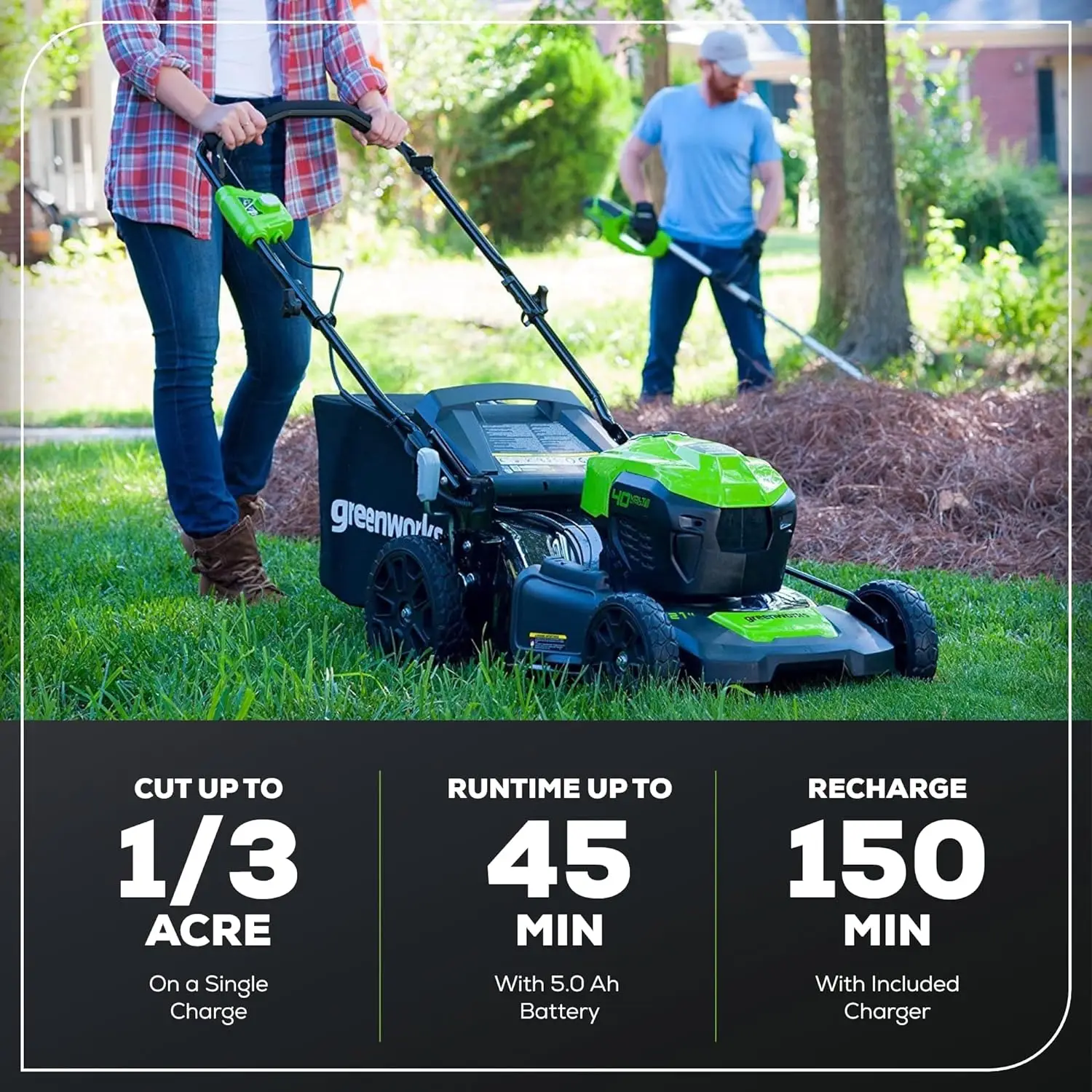 Greenworks-sem escova sem fio cortador de grama, Push Lawn Mower, 4.0Ah bateria e carregador incluído, 1500W, 40V, 21"