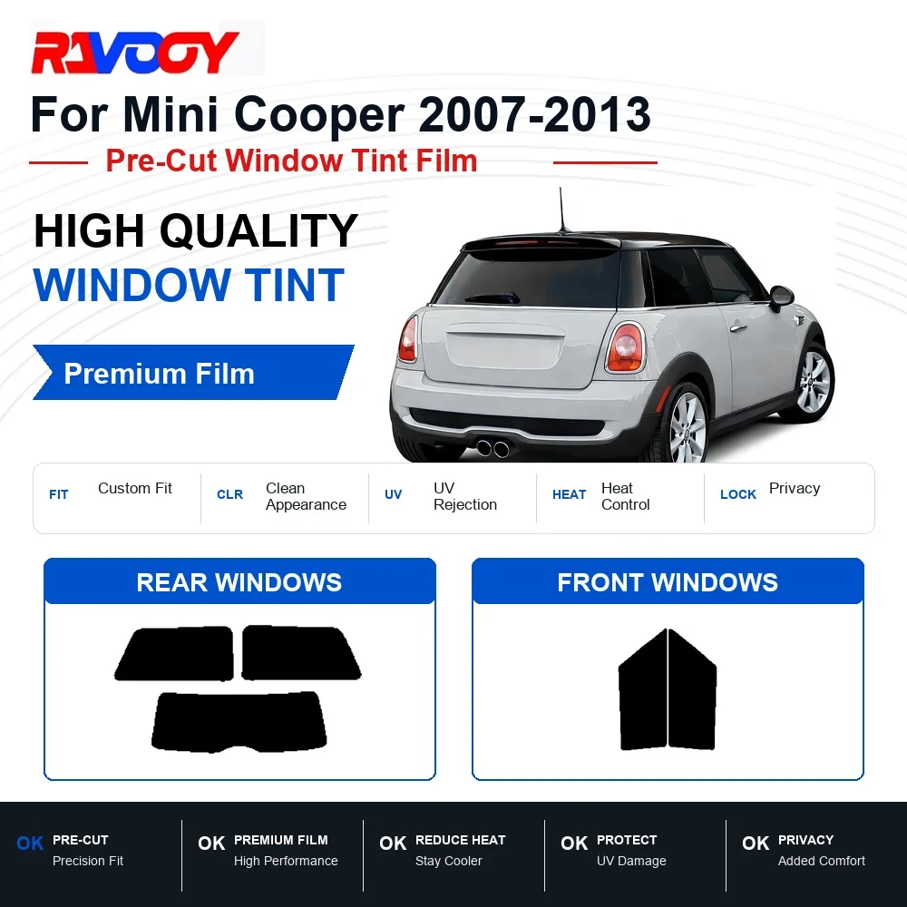 Pellicola oscurante pre-tagliata premium per finestrini Mini Cooper 2007-2013 anteriori e posteriori, protezione UV e privacy.