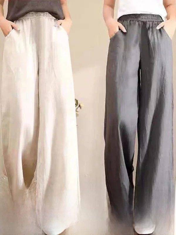 Loose Cotton Linen Wide Leg Pants Women's Casual Elastic Waist Spring Summer Long Trousers Draping Feeling Summer Collection