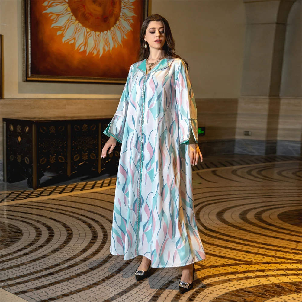 Eid Abaya vestido estampado vestido largo Jalabiya Dubai Kaftan diamantes mujeres musulmanas vestido de fiesta Djellaba caftán marroquí Mujer Vestidos