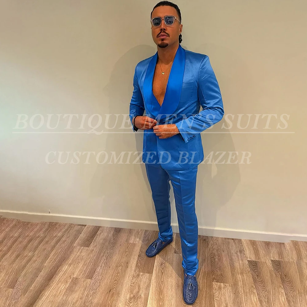 

Синие костюмы по индивидуальному заказу для мужчин, модный приталенный пиджак с шалью и лацканами на одной пуговице, высококачественный комплект из двух предметов, куртка, брюки, костюм