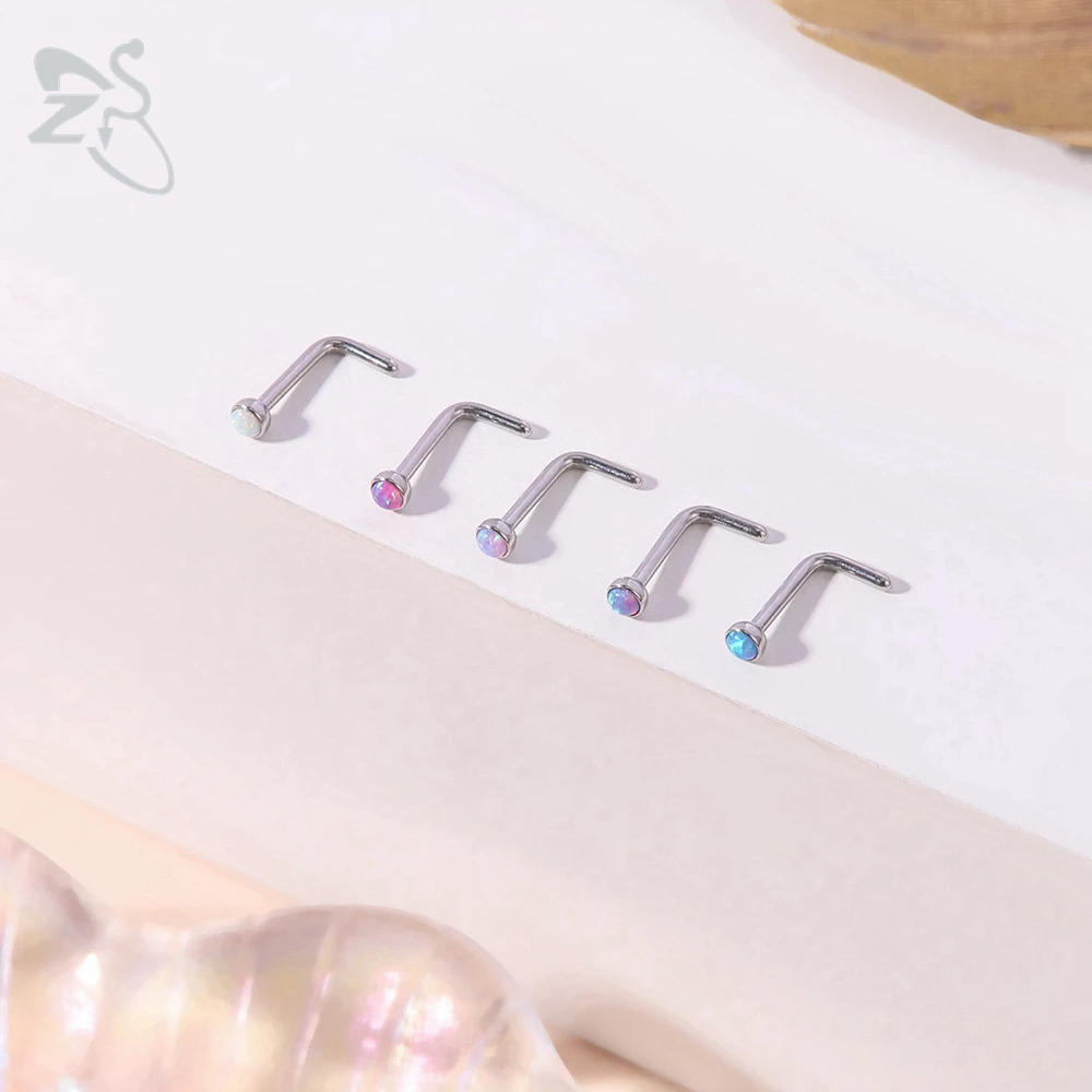 ZS 3-5pcs/lot Stainless Steel Nose Piercing Set Colorful Opal Nose Studs Retainer Pin L Shape 2MM Nostril Piercing Jewelry 20g