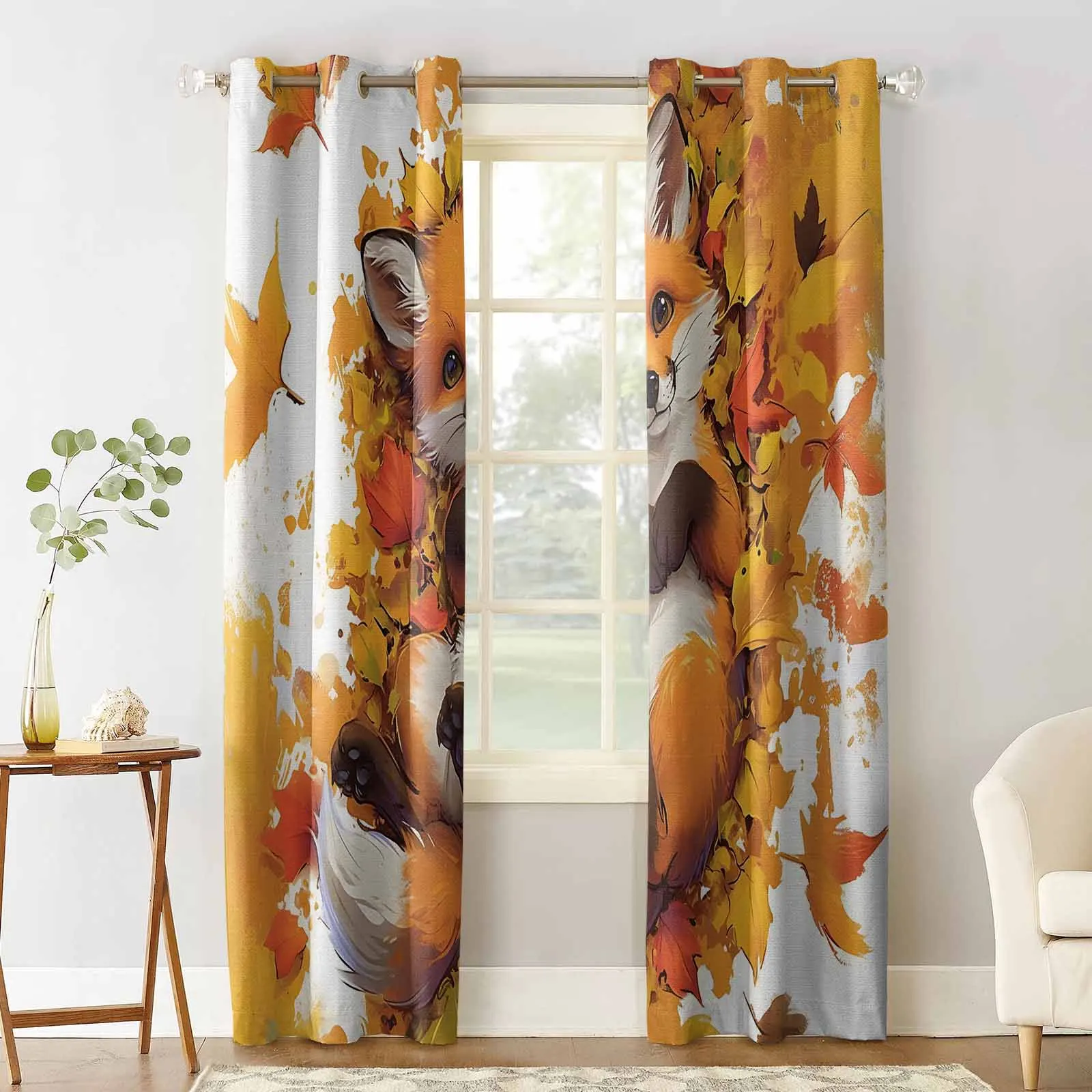 Autumn Leaf Cartoon Animal Fox Curtains for Living Room Window Decoration Curtains in Home Kitchen Luxury Bedroom Drapes